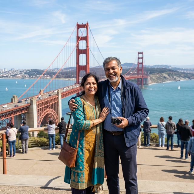 Indian couple visiting Golden Gate Bridge in San Francisco
